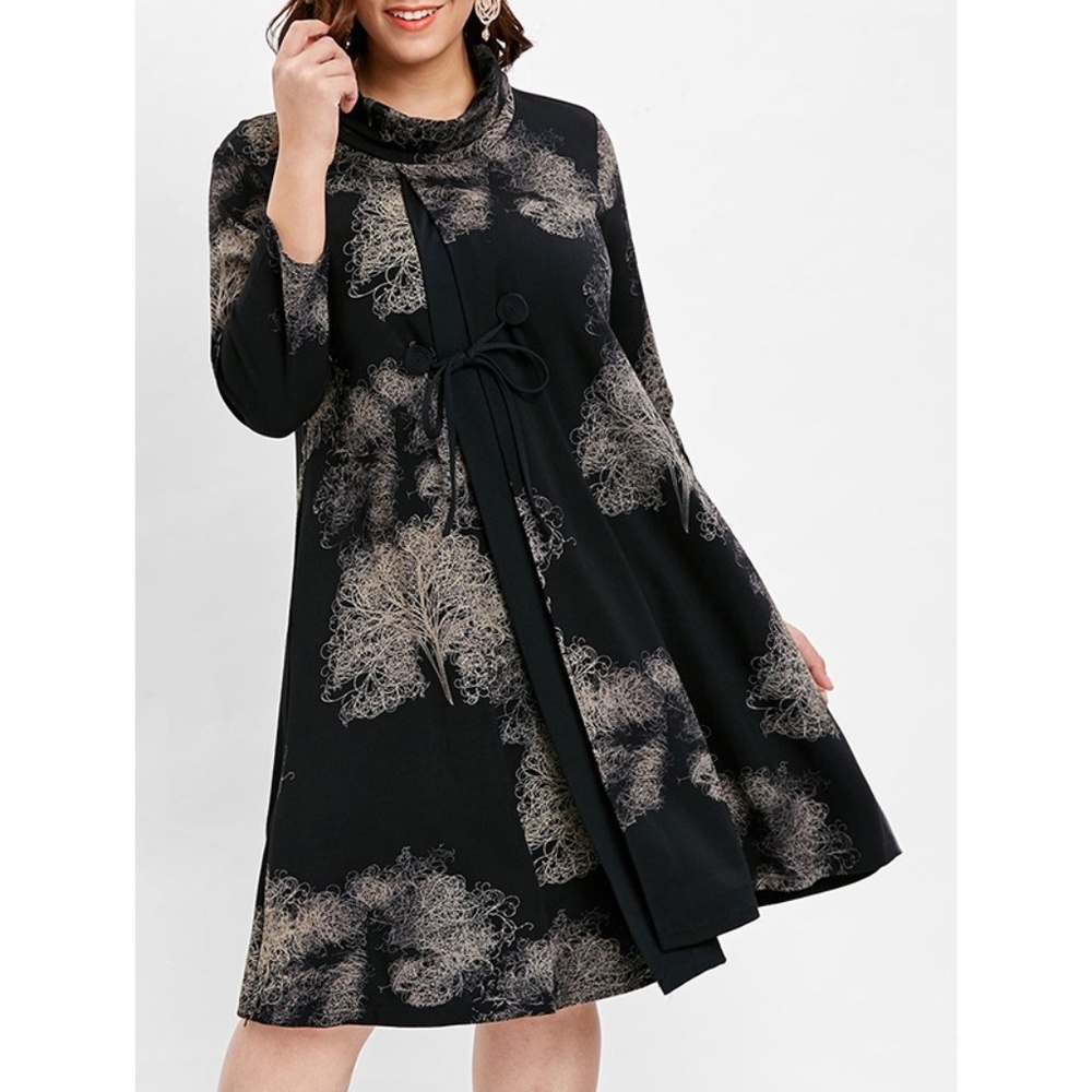 Plus Size Cowl Neck Printed Black Midi Dress